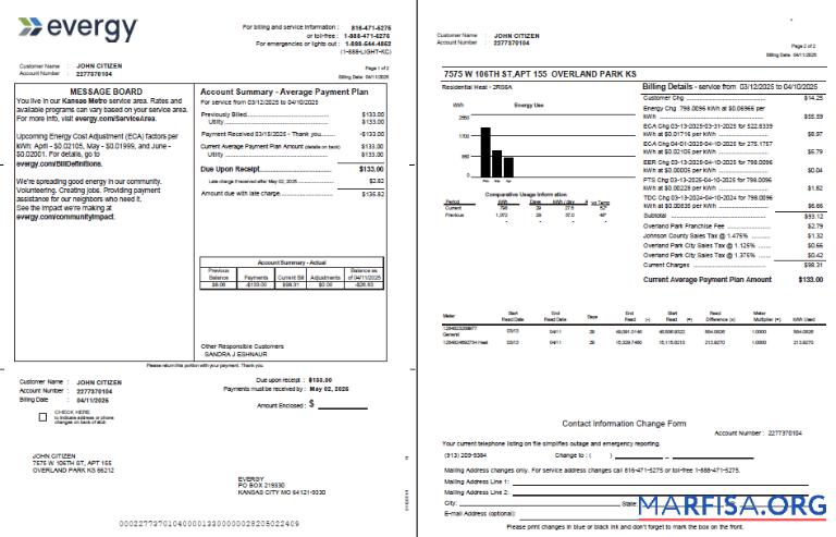 Realistic USA Evergy utility bill template in Word and PDF formats, 2 pages, version 2